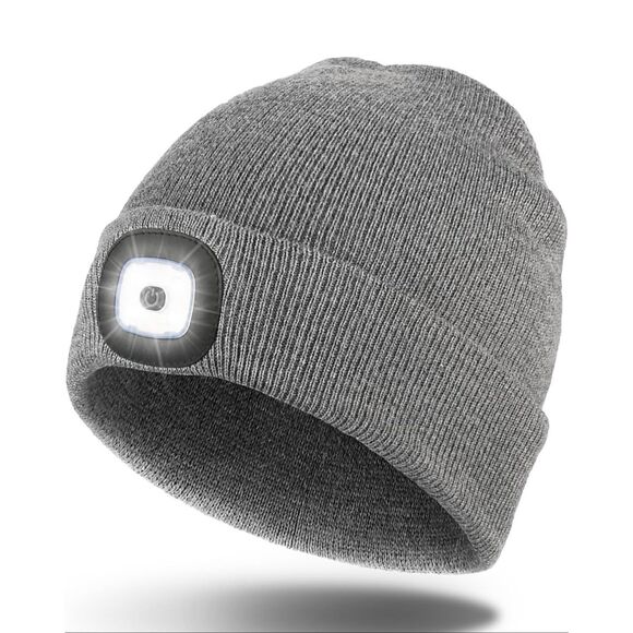 New! Gray Ribbed Knit LED Head Light Rechargeable Beanie Unisex - Picture 1 of 11